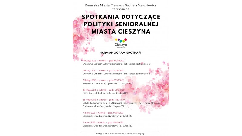 Plakat z informacją o spotkaniach w sprawie Polityki Senioralnej Gminy Cieszyn, fot. mat.pras